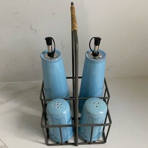 5 Pcs set Inno-Art Teal Green Ceramic Cruet Salt & Pepper with Metal Caddy